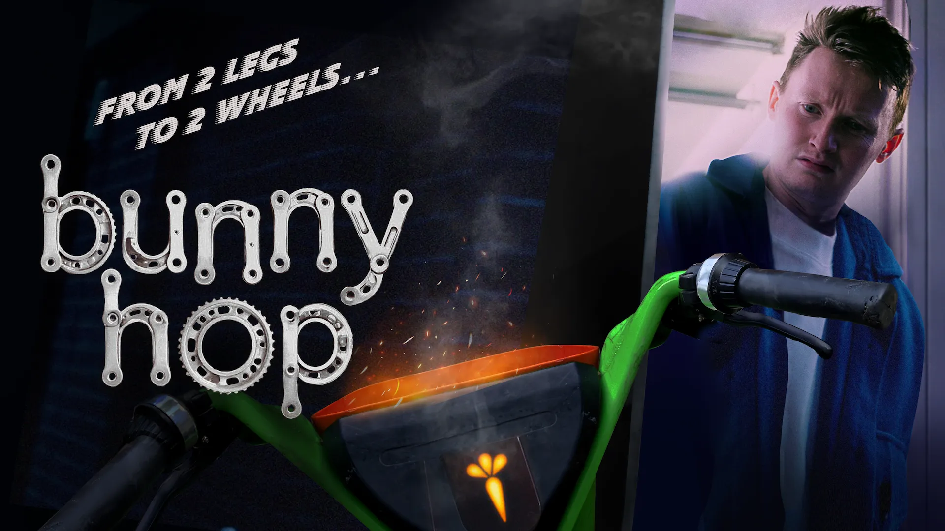 Bunny Hop, from 2 legs to 2 wheels. A man stares warily at the handlebar of a glowing, sparking bike.